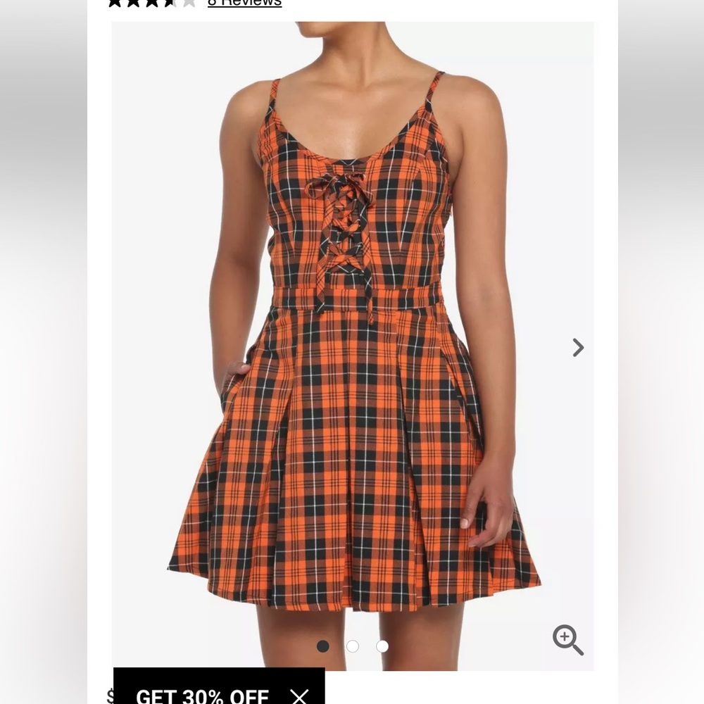 New Black & Orange Plaid Pleated Lace-Up Dress size small